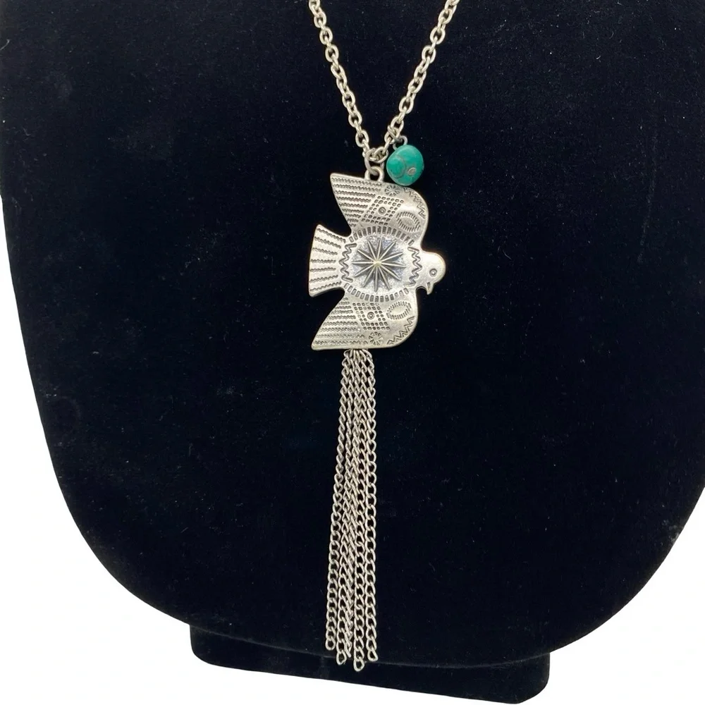 Vintage Thunderbird Phoenix Long Dangle Necklace Silver Tone Metal Turquoise
